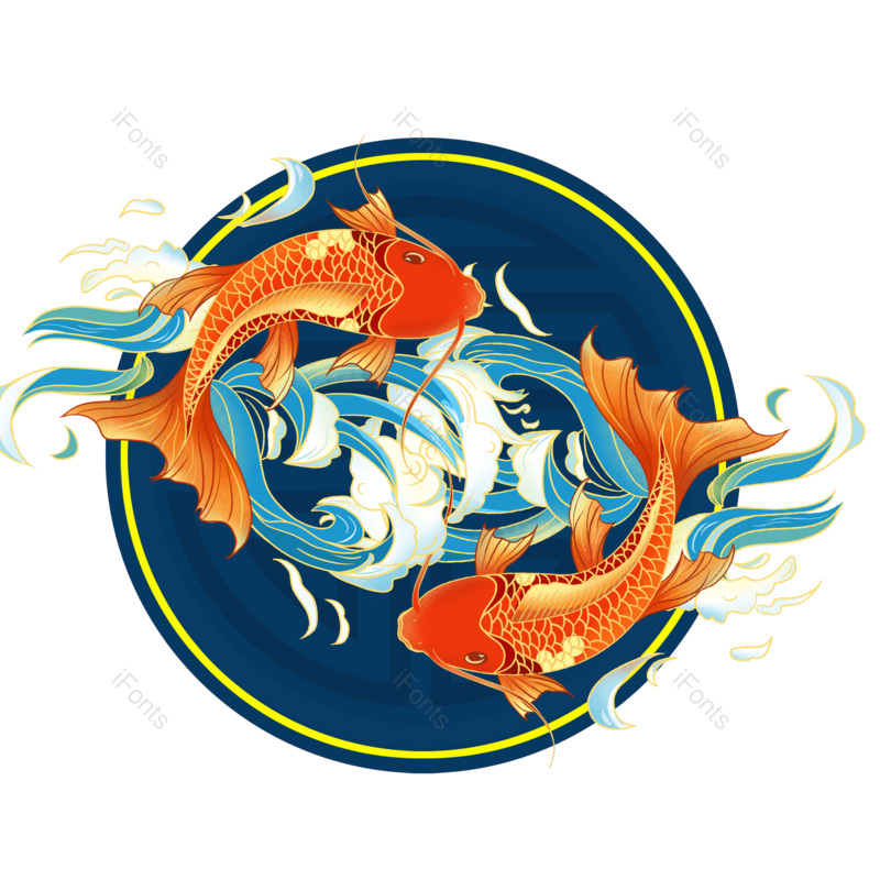 复古图片,锦鲤元素,中国PNG,圆形免抠素材